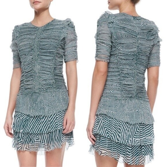 Isabel Marant Etoile Damia Ripple Print Ruched Tiered Silk Mini Dress Green 42 - Picture 1 of 11